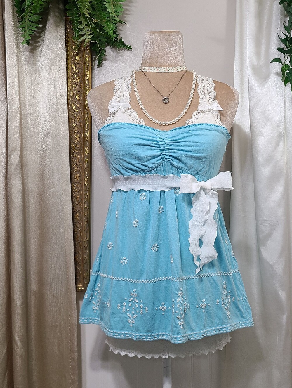 Rare Vintage Abercrombie And Fitch ♡ Y2K ♡ Baby Blue Floral Babydoll Tube Top